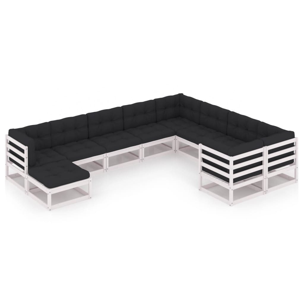 10-tlg. Garten-Lounge-Set mit Kissen Weiss Kiefer Massivholz